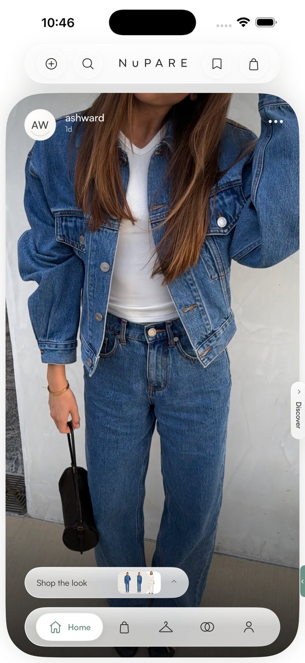 The NuPARE app feed, showing a look with a Shop the look bar